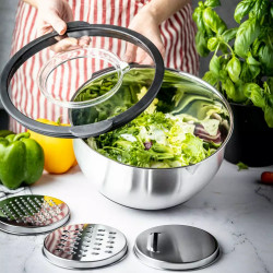 Cupa multifunctionala pentru salata Kinghoff KH 1861, 24 cm, 5 L, 3 razatori, Anti-alunecare, Inox / Negru