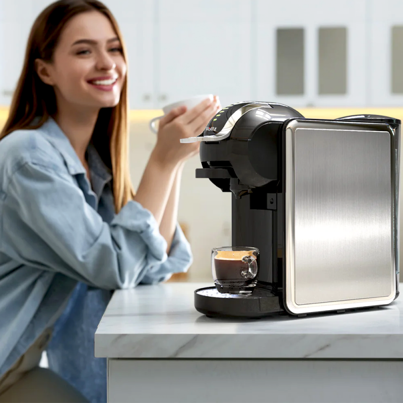 Espressor cu cafea macinata si capsule 8 in 1 Oliver Voltz OV51171K8R, 1450W, 0.8 L, 5 adaptoare, 19 bar, 7 lungimide cafea, Negru/Argintiu