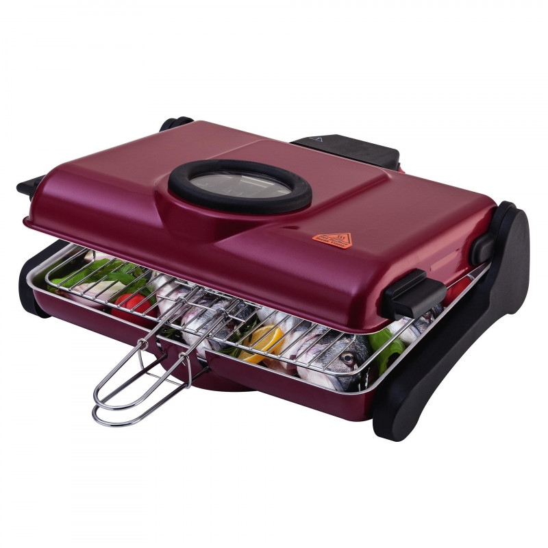 Gratar fara fum Crown CEG12W Grill, 1200W, Suprafata de gatit 34x25, Fereastra de vizualizare, Bordeaux