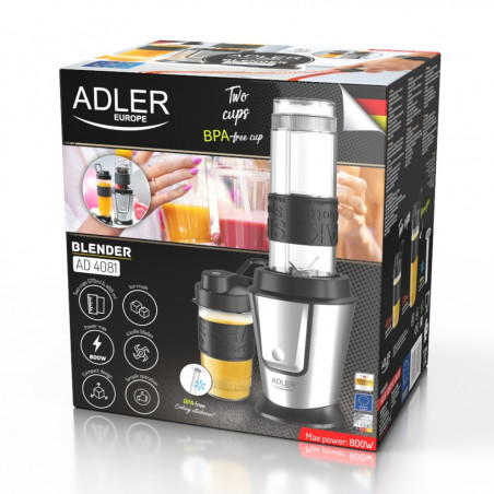 Blender Adler AD 4081, 800W, 2 pahare/sticle 400/570 ml, 20 000 rpm, 4 lame din otel inoxidabil, Zdrobire gheata, Fara BPA, Negru