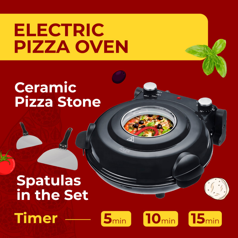 Cuptor electric pentru pizza Adler AD 6314, 1200W, 31.5 cm, Pana la 400°C, 5 setari de temperatura, Timer, Negru