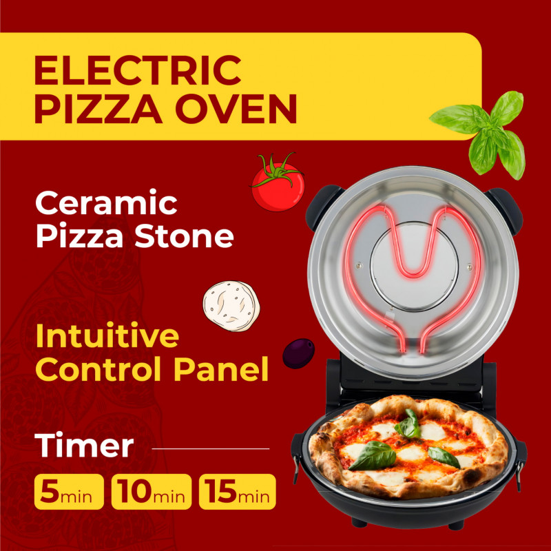 Cuptor electric pentru pizza Adler AD 6314, 1200W, 31.5 cm, Pana la 400°C, 5 setari de temperatura, Timer, Negru