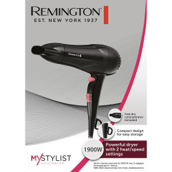 Uscator pentru par Remington MyStylist D2000, 1900W, 2 trepte caldura/viteza, Grila ceramica, Aer rece, Negru