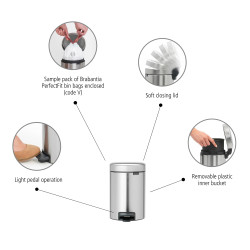 Coș cu pedală Brabantia NewIcon 649003, 3 L, Închidere ușoară, Bază antiderapantă, Rezistent la amprente, Inox/Mate