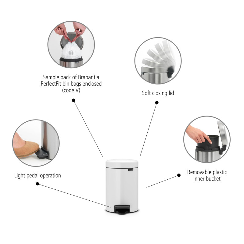 Cos cu pedala Brabantia NewIcon, 3 L, Inchidere usoara, Baza antiderapanta, Alb