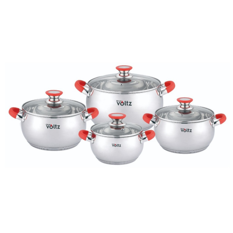 Set oale cu capac din sticla Oliver Voltz OV51210N8, 8 piese, inductie, Manere din silicon, Inox/Rosu