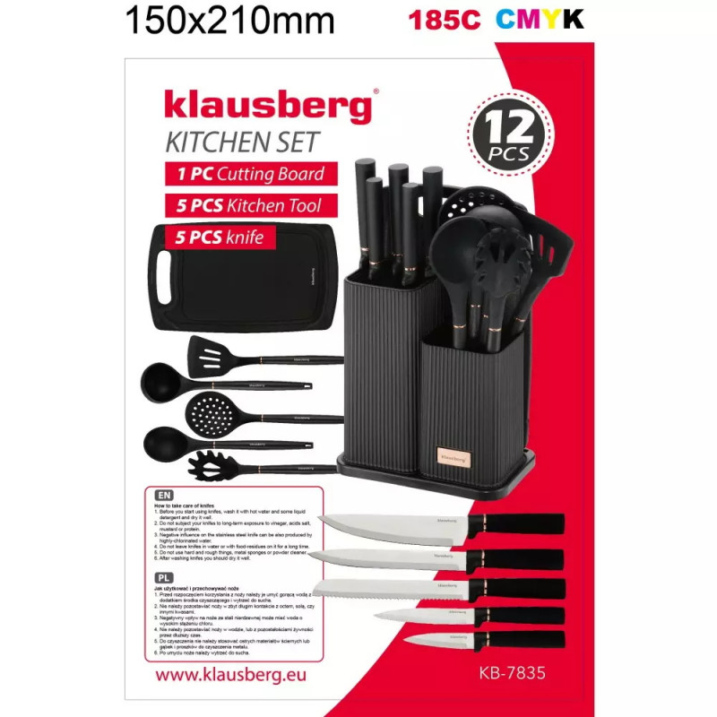 Set cutite si ustensile de bucatarie Klausberg KB 7835, 12 piese, Otel inoxidabil, Negru