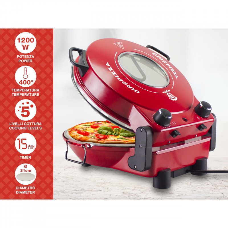 Cuptor electric pentru pizza Beper P101CUD301, 1200W, 31 cm, 5 trepte, Pana la 400°C, Timer, Rosu