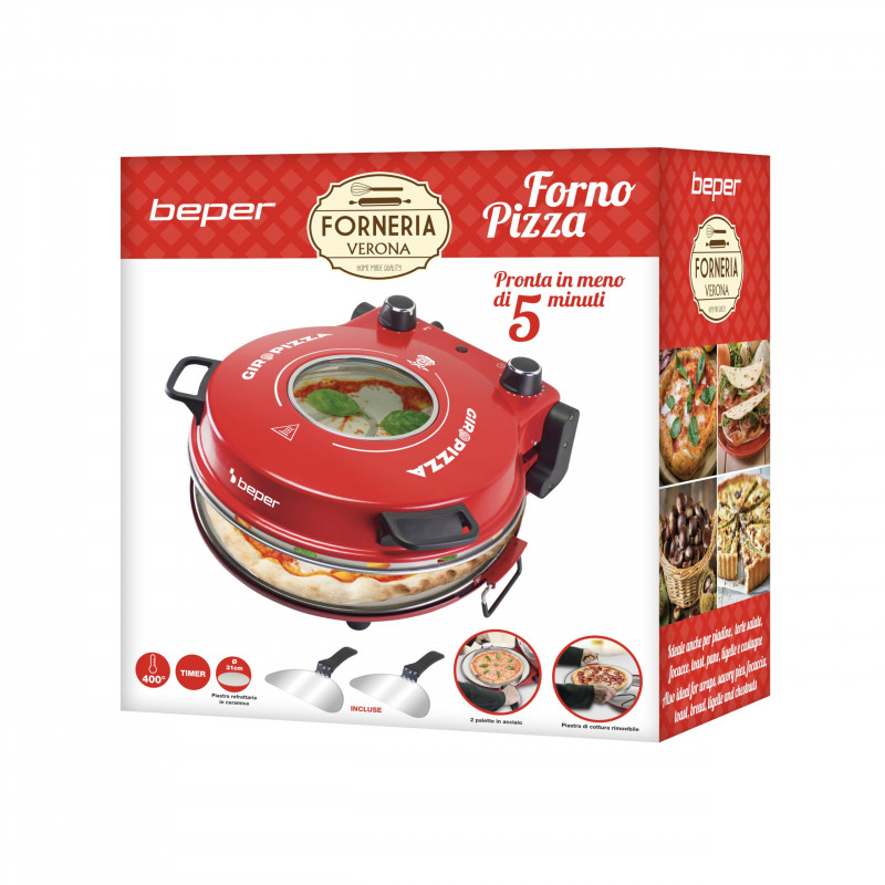 Cuptor electric pentru pizza Beper P101CUD301, 1200W, 31 cm, 5 trepte, Pana la 400°C, Timer, Rosu