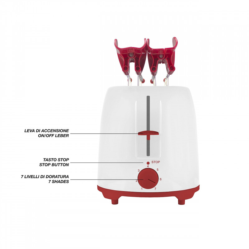 Prajitor de paine Beper P101TOS100, 2 felii, 7 trepte, 2 suporturi felii, Tava firimituri detasabila, Alb/Rosu