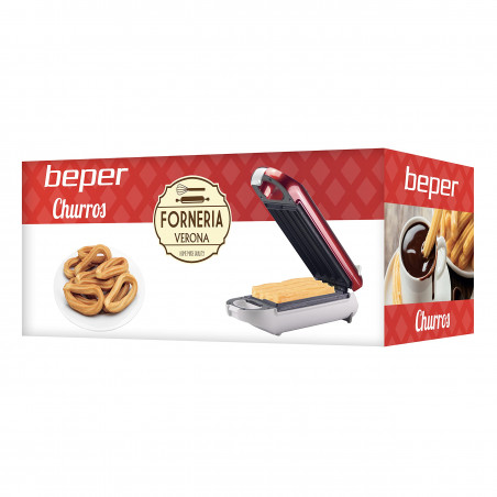 Aparat pentru churros Beper BT.600Y, 700W, Pentru 4 churros, Acoperire antiaderenta, Rosu