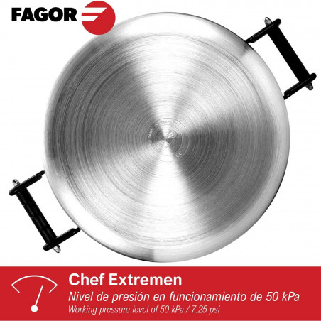 Oală sub presiune Fagor Chef Extremen 100602653, 15 L, 30 cm, 50 kPa, 3 sisteme de siguranta, Aluminiu, Argintiu