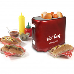 Aparat preparare hotdog Beper BT.150Y, 750W, 2 hotdog, 5 trepte, Tava firimituri detasabila, Rosu