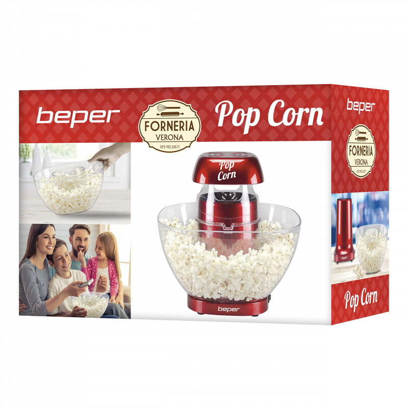 Aparat de facut popcorn cu aer cald Beper P101CUD052, 1200W, Pana la 80 g porumb, Bol incorporat, Rosu