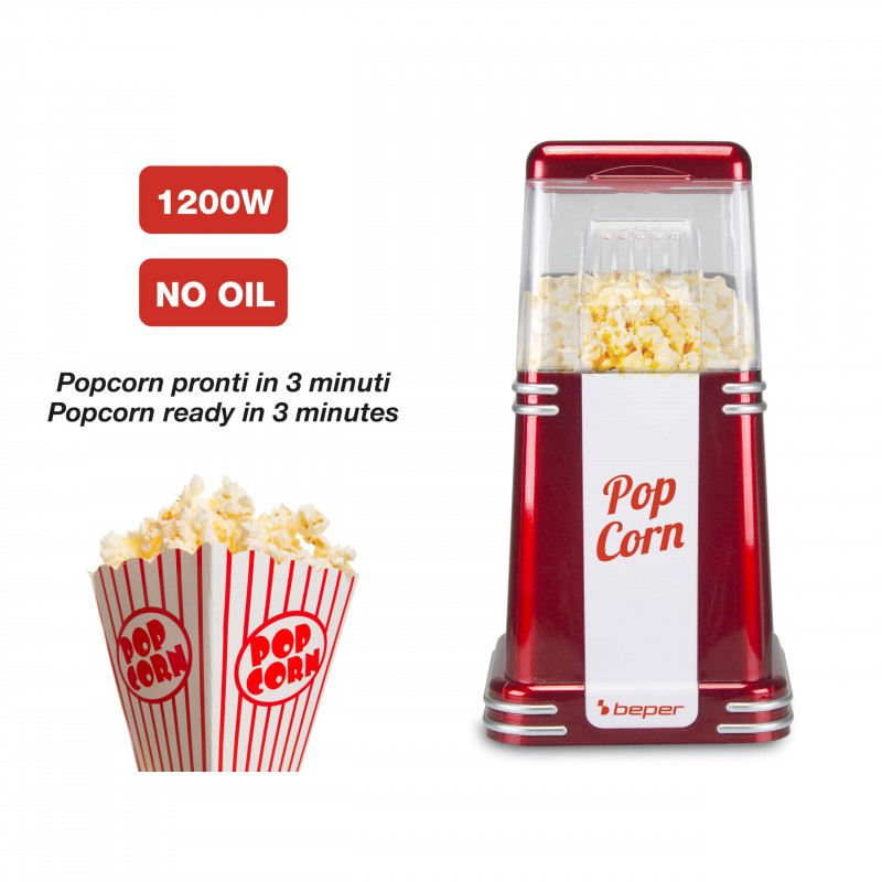 Aparat de popcorn cu aer cald Beper 90.590Y, 1200W, 260 ml, Design compact, Mentinere caldura, Rosu/Alb