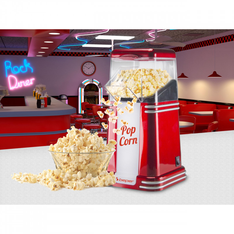 Aparat de popcorn cu aer cald Beper 90.590Y, 1200W, 260 ml, Design compact, Mentinere caldura, Rosu/Alb