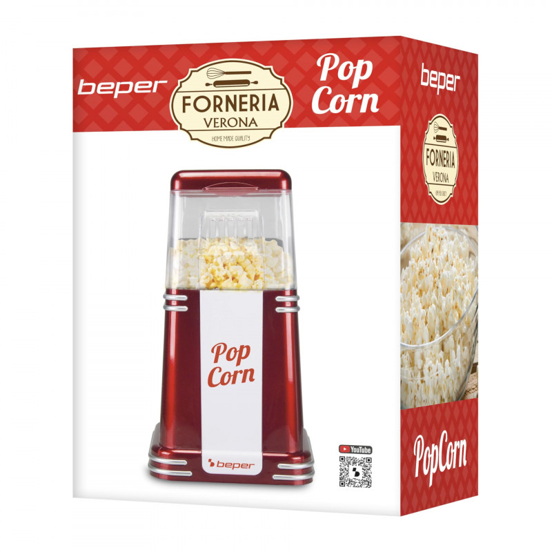 Aparat de popcorn cu aer cald Beper 90.590Y, 1200W, 260 ml, Design compact, Mentinere caldura, Rosu/Alb