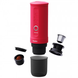 Espressor portabil Outin Nano Crimson Red, 12/24 V, 7500mAh, 20bar, 80 ml, Incarcare USB, Cafea macinata si capsule, Rosu