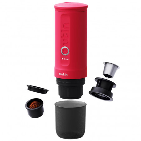 Espressor portabil Outin Nano Crimson Red, 12/24 V, 7500mAh, 20bar, 80 ml, Incarcare USB, Cafea macinata si capsule, Rosu