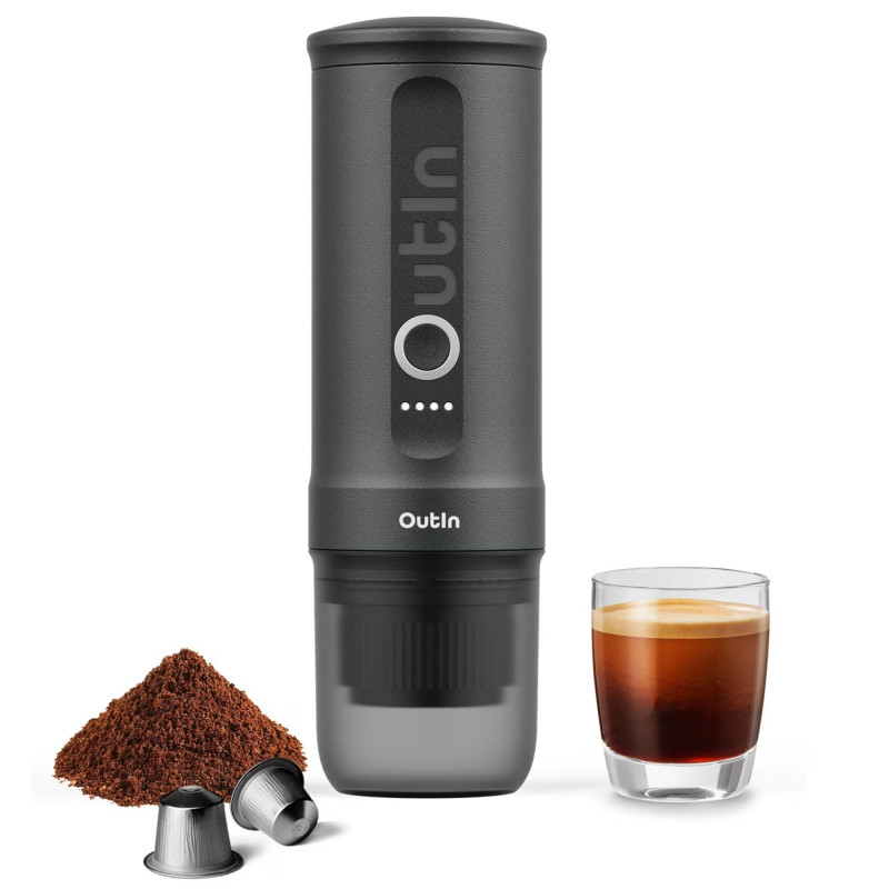 Espressor portabil Outin Nano Space Grey, 12/24 V, 7500mAh, 20bar, 80ml, Incarcare USB, Cafea macinata si capsule, Gri