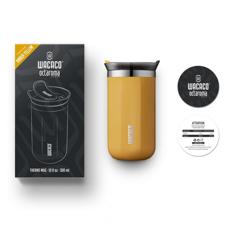 Pahar termo Wacaco Octaroma Lungo Amber Yellow, 300ml, Izolat în vid, Pereți dubli, fără BPA, Yellow