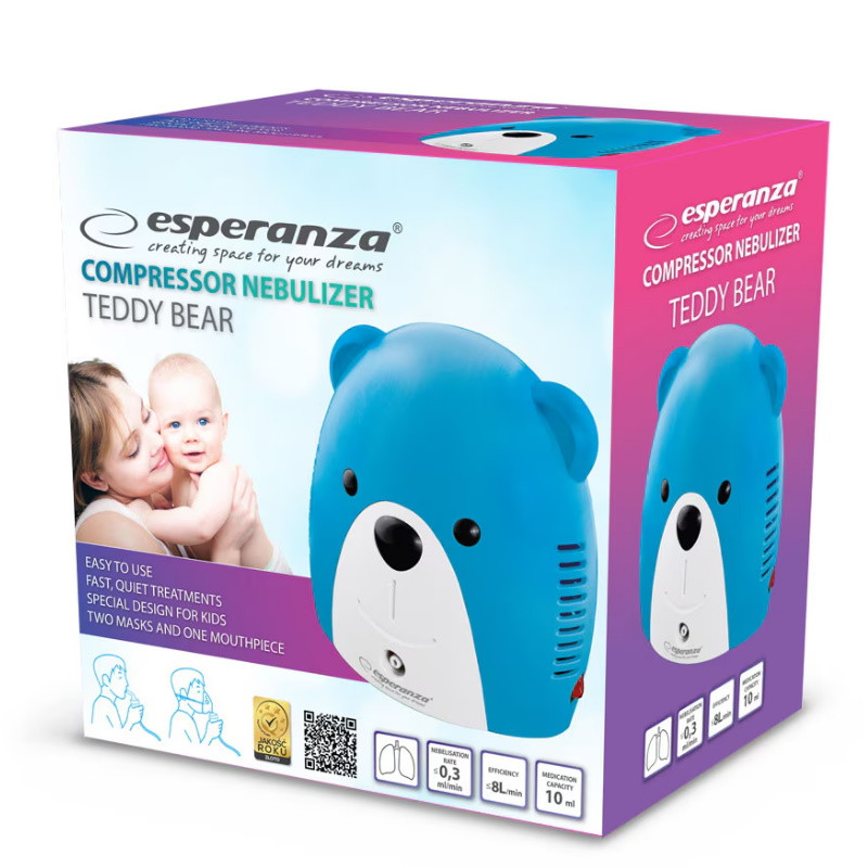 Inhalator pentru copii Esperanza ECN004, 10 ml, 0,3 ml/min, Forma urs,Albastru