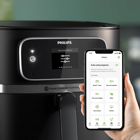 Friteuza cu aer cald Philips Combi XXL Connected Hot HD9880/90, 2200 W, 8,3 L, 40-200°C, 2 kg, 22 programe, Ecran TFT, Wi-Fi, Negru