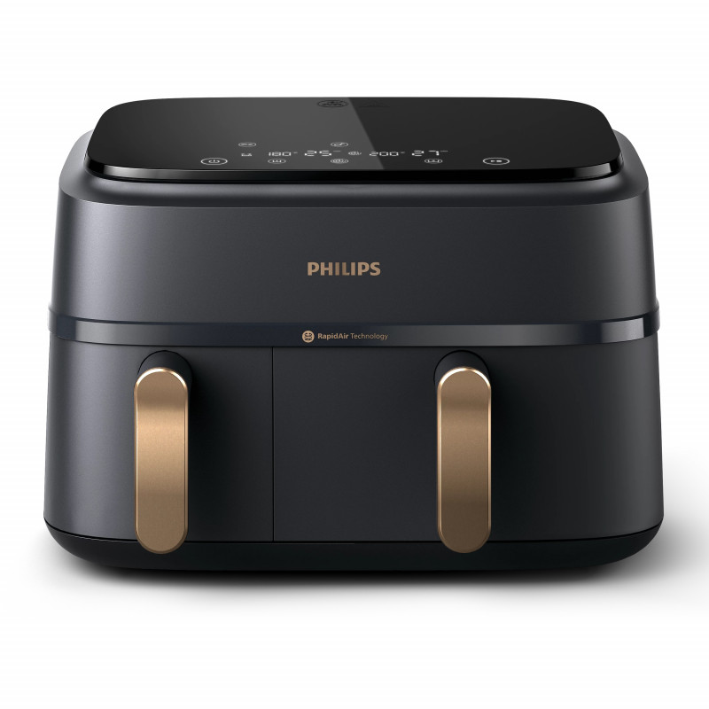 Friteuza cu aer cald dubla Philips NA352/00, 2750 W, 6+3 L, 80-200°C, 1,5 kg, 8 programe, Ecran tactil, Copiere si sincronizare, Negru