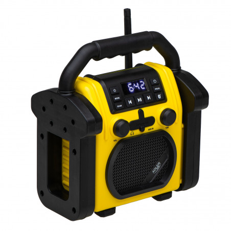 Aparat radio pentru constructii Adler AD 1911, 10W, 87,5-108 MHz, Bluetooth, Intrare AUX, Iesire 3,5 mm, 6x R14, Negru / Galben