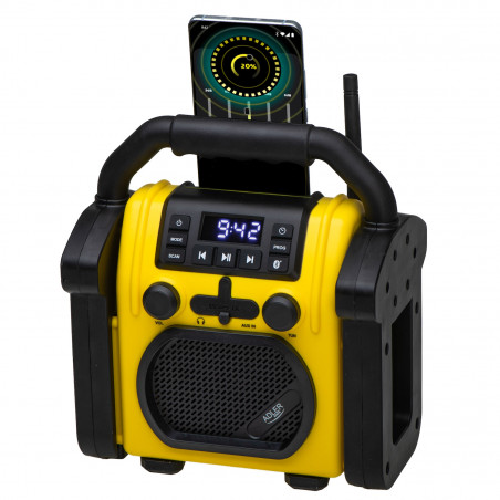 Aparat radio pentru constructii Adler AD 1911, 10W, 87,5-108 MHz, Bluetooth, Intrare AUX, Iesire 3,5 mm, 6x R14, Negru / Galben