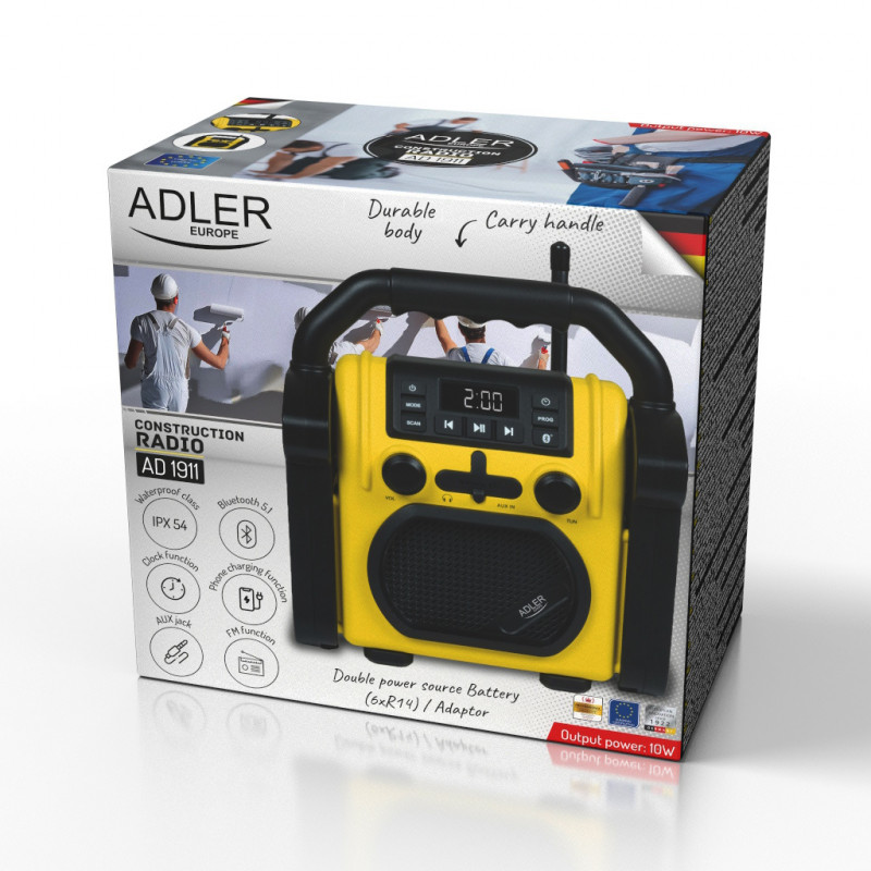 Aparat radio pentru constructii Adler AD 1911, 10W, 87,5-108 MHz, Bluetooth, Intrare AUX, Iesire 3,5 mm, 6x R14, Negru / Galben