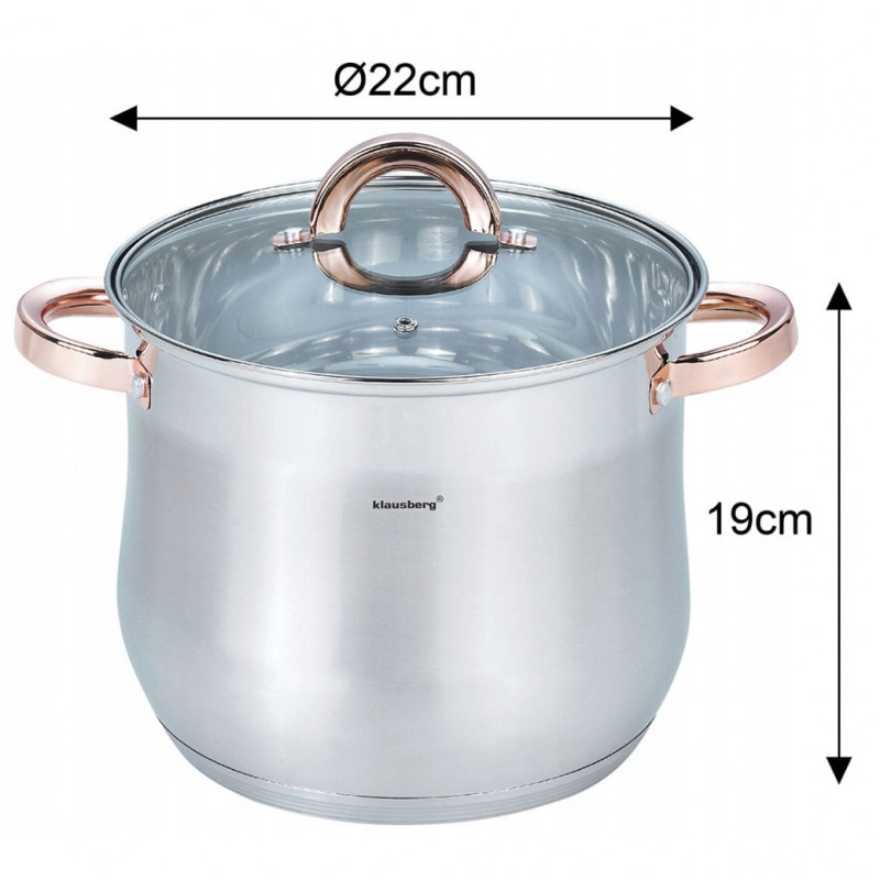 Oala Klausberg KB 7792, 7l, 22cm, Capac din sticla, Fund multistrat, Inductie, Inox/roz auriu