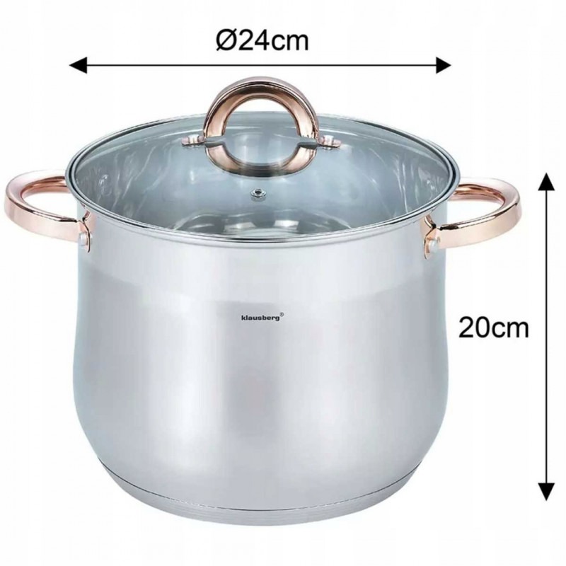 Oala cu capac Klausberg KB 7793, 8,6 L, 24 cm, Capac din sticla, Fund multistrat, Inductie, Inox/Roz auriu