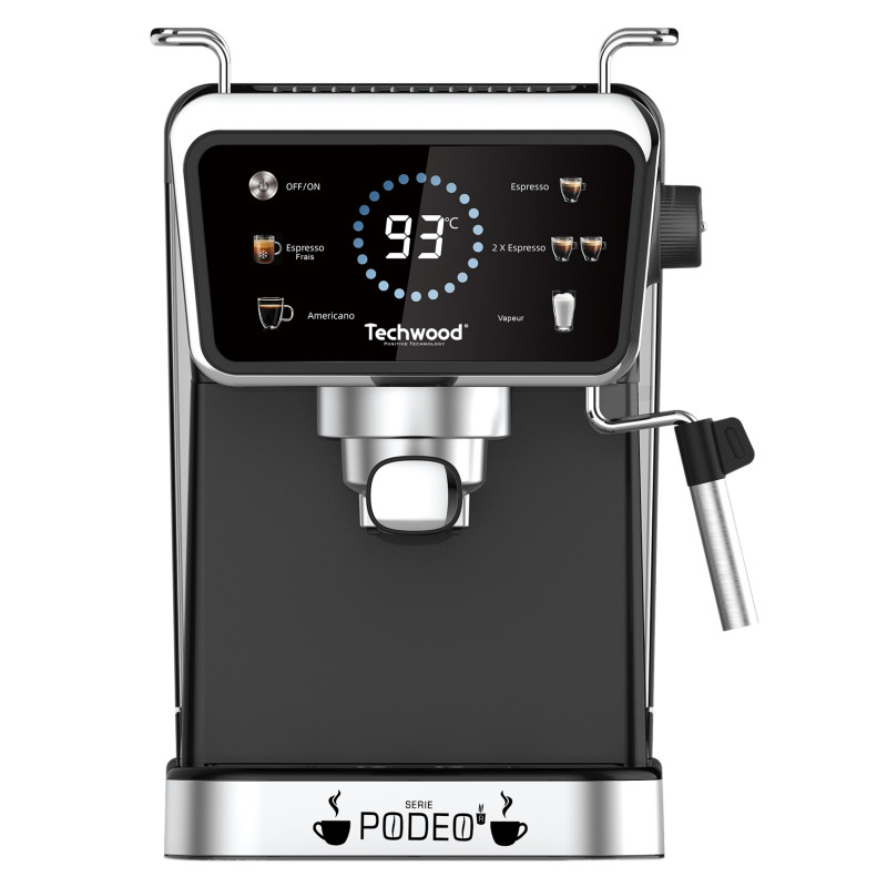 Espressor manual Techwood TCA-1386EXN, 1350W, 20 bar, 1.5 l, Cafea macinata si capsule Nesspresso5 functii, Ecran tactil, Duză de abur, Negru/Inox