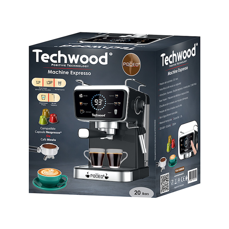 Espressor manual Techwood TCA-1386EXN, 1350W, 20 bar, 1.5 l, Cafea macinata si capsule Nesspresso5 functii, Ecran tactil, Duză de abur, Negru/Inox