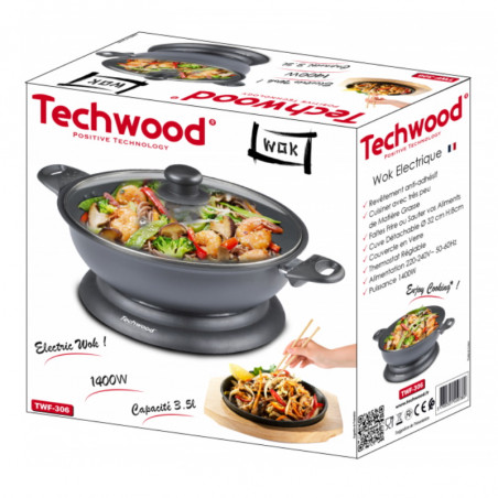 Wok electric Techwood TWF-306, 1400W, 3.6 l, 32x8 cm, Capac din sticla, Termostat, Acoperire antiaderenta, Gri