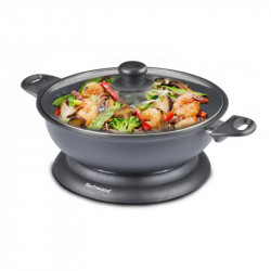 Wok electric Techwood TWF-306, 1400W, 3.6 l, 32x8 cm, Capac din sticla, Termostat, Acoperire antiaderenta, Gri