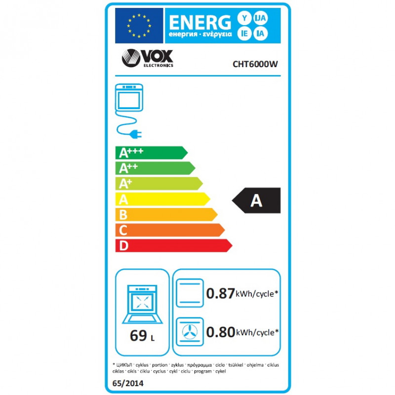 Aragaz electric VOX CHT 6000 W, 8600W, 69 L, Clasa A, Plita vitroceramica cu 4 zone, 8 functii, Pana la 250°C, Alb