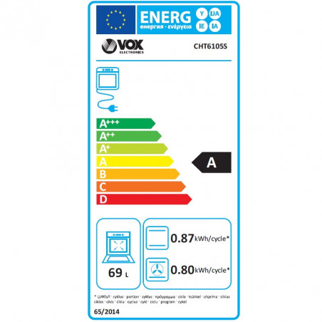 Aragaz electric VOX CHT 6105 S, 8600W, 69 L, Clasa A, Plita vitroceramica cu 4 zone, 8 functii, Până la 250°C, Argintiu