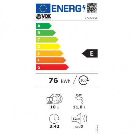 Masina de spalat vase VOX LC 4745 IXE, Clasa E, 10 seturi, 7 programe, Indicatori de sare si stralucire, Alb/Gri